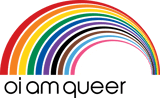 inclusive rainbow with text that says oi am queer